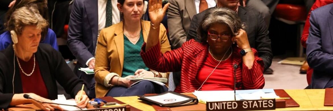 US ambassador to the United Nations Linda Thomas-Greenfield abstains during a vote to approve a resolution that "demands" all sides in the Israel-Hamas conflict allow the "safe and unhindered delivery of humanitarian assistance at scale" at UN headquarters in New York on December 22, 2023. (Photo by Charly Triballeau / AFP via Getty Images)