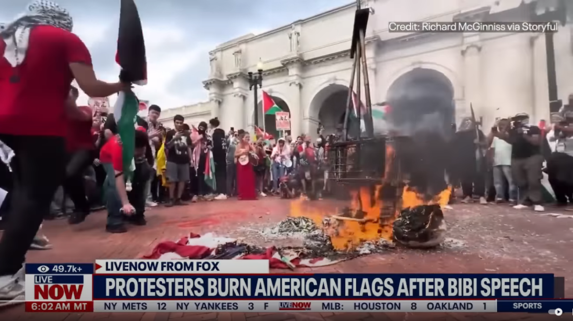 Mike Johnson, pro-Palestinian protests, American flag burning, Washington DC, criminal charges, House Republicans, Union Station, Israeli-Palestinian conflict, graffiti, monuments, free speech, public order, Benjamin Netanyahu, Christopher Columbus statue, Hamas flag